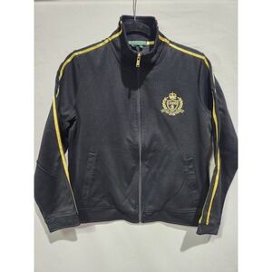 Y2K Ralph Lauren Active Women's Black W Gold Crest Zip Up Track Jacket Size MED